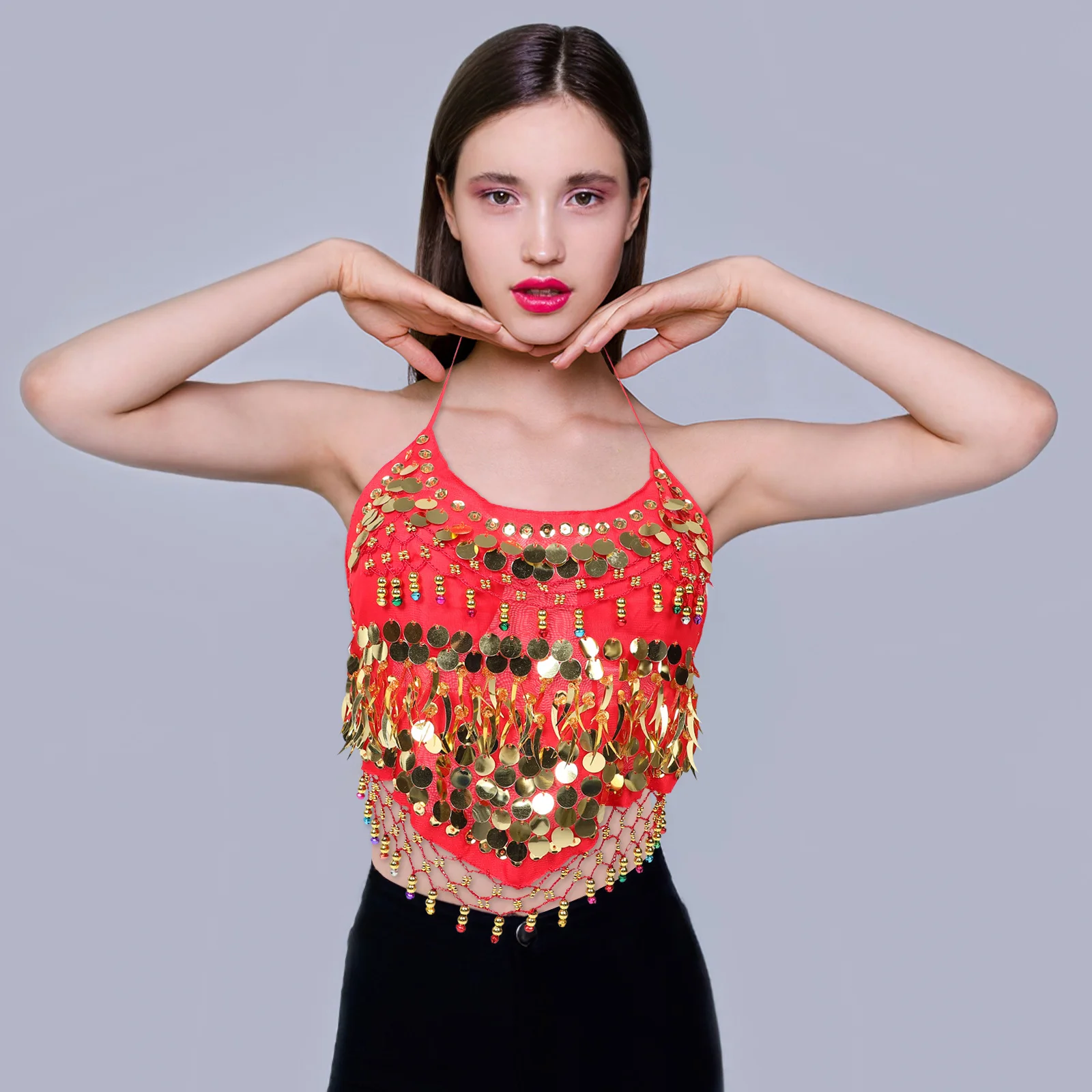 

Women Sequin Belly Dancing Outfit Halter Top Sparkly For Festival Party Performance Dancer Adult Costume Fringe Bra Tassel