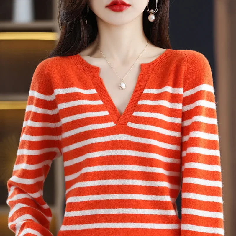 Women's Sweater Autumn Korean Fashion Striped Sweatshirt V-neck Knit Pullover 100% Wool Sweater Loose Casual Long-sleeved Jumper