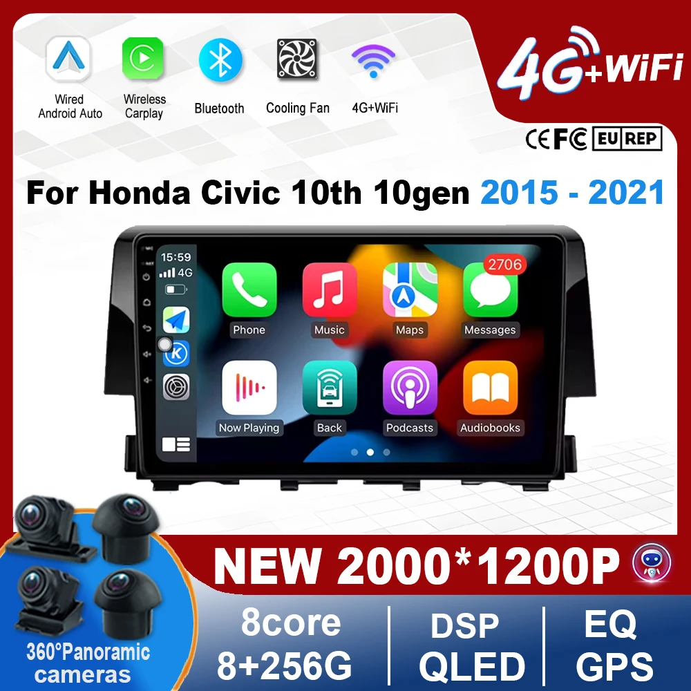 

9" QLED TouchScreen For Honda Civic 10th 10gen 2015 - 2021 wireless carplay Android 15 Navigation GPS Head Unit Tools WIFI 4G BT
