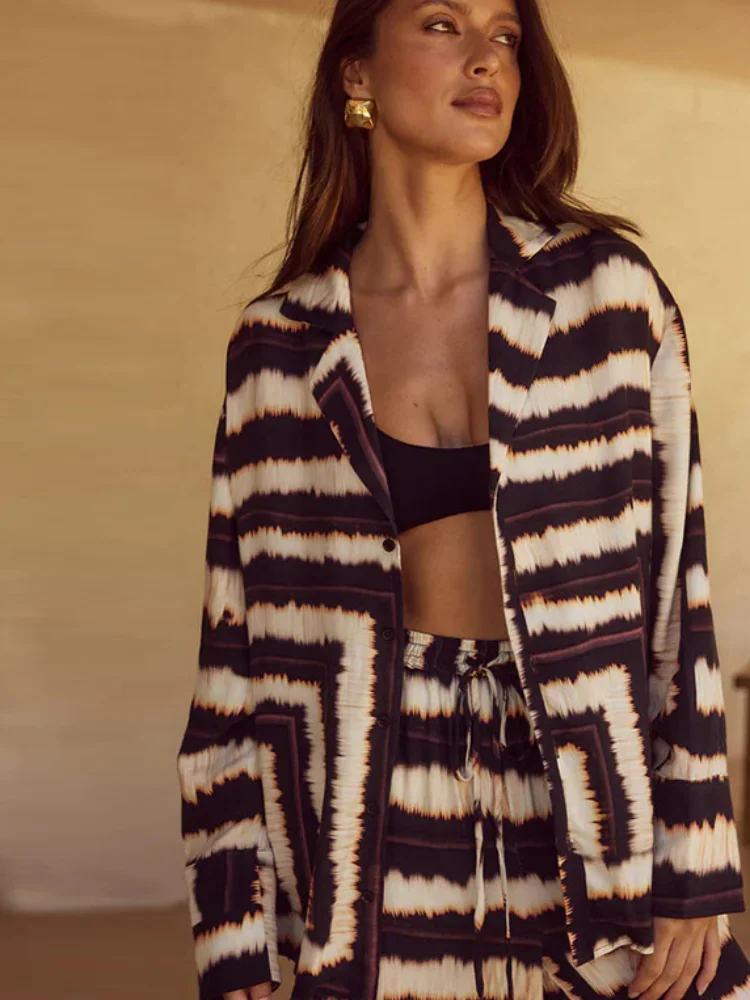 Fashion Stripe Long Pants Set For Women Lapel Single Breasted Shirt Wide Leg High Waist Pant 2 Pieces Sets Lady Chic Street Suit - Image 5