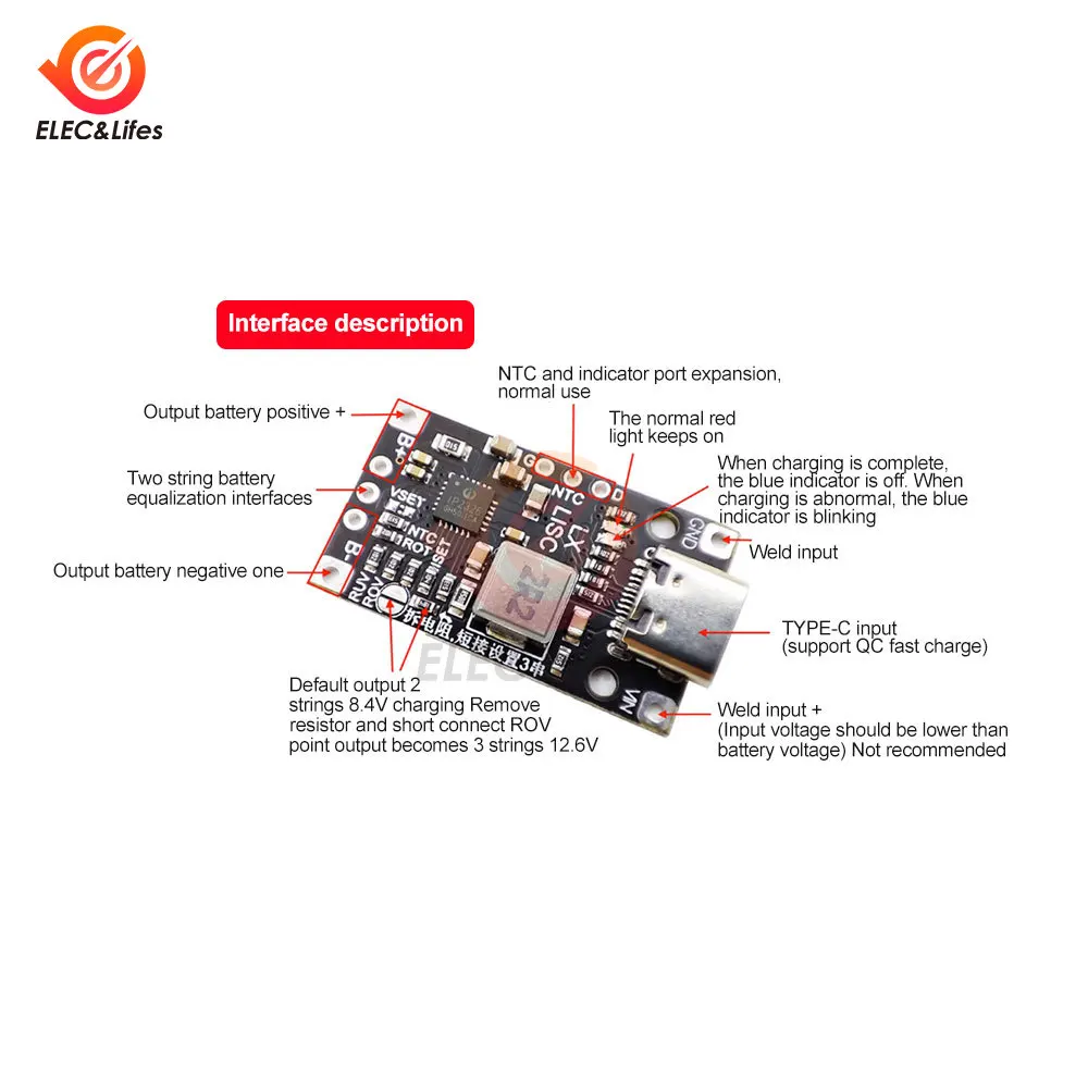 2S 3S Battery Charger Module Type-C 3.7V Charge Discharge Integrated Step Up Module 18650 Lithium Li-ion Battery Charger Module