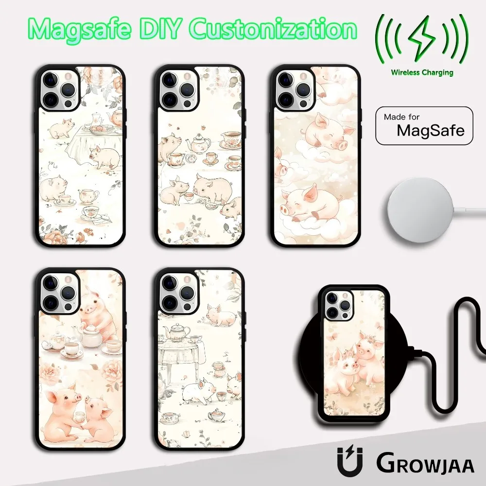 

Wildflower piglet cartoon Phone Case For iPhone 16 15 14 13 12 11 Pro Max Plus Mini Magsafe Mirror Wireless Magnetic Cover