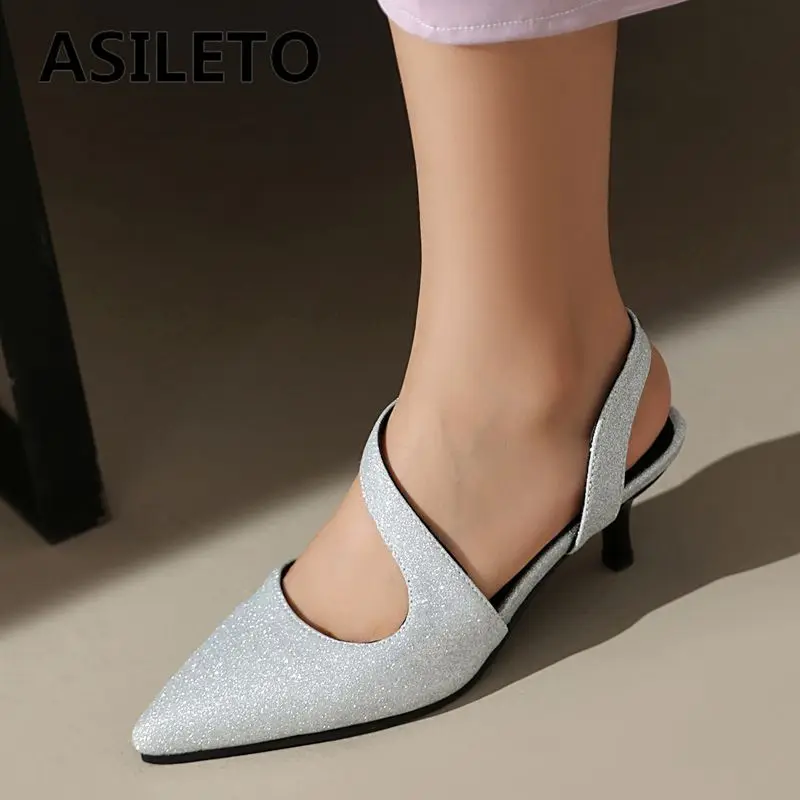 

ASILETO 2025 Fashion Women Sandals Pointed Toe Thin Heels 5.5cm Back Strap Slip On Large Size 41 42 43 Sexy Soft Dating Shoes