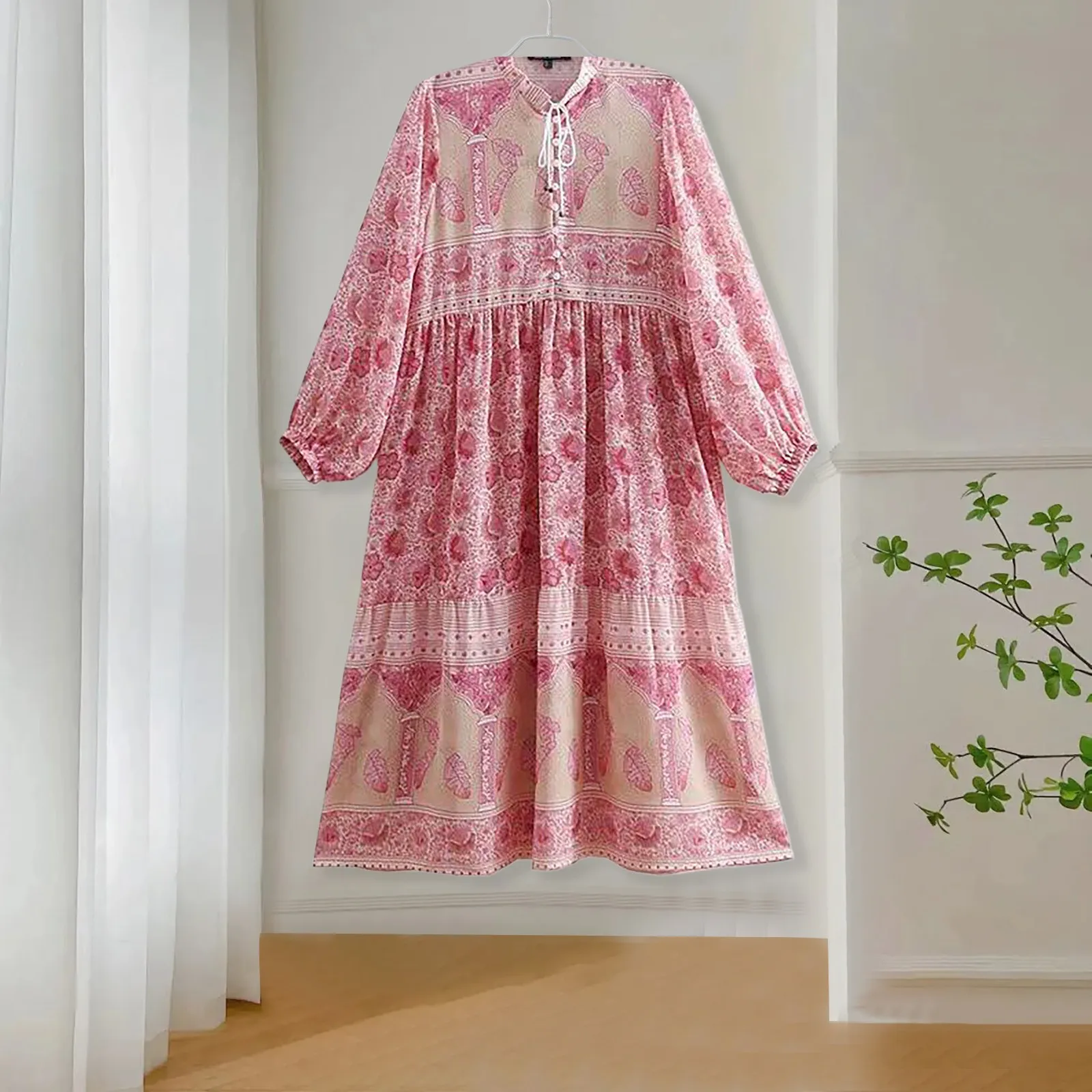 

Vintage Chic Boho Floral Print Beach Bohemian Dresses For Women Flare Sleeve Tie Neck Rayon Cotton Boho Dress Vestidos Robe