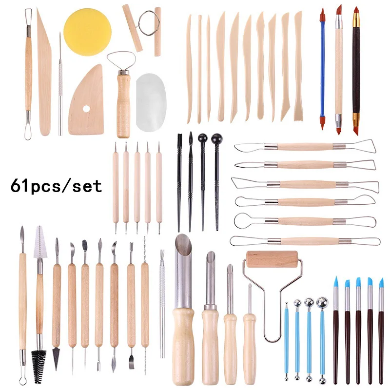 

61pcs Clay Pottery Tools Wooden Handle Pottery Carving Tool Set Ceramics Modeling Clay Sculpting Kit Crafts Beginner's Multi-too