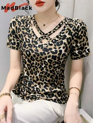 MadBlack Summer European Clothes V Neck Tshirts Female Sexy Leopard Beaded Mesh Tops Short Sleeves Tight Tees 2023 New T35234C