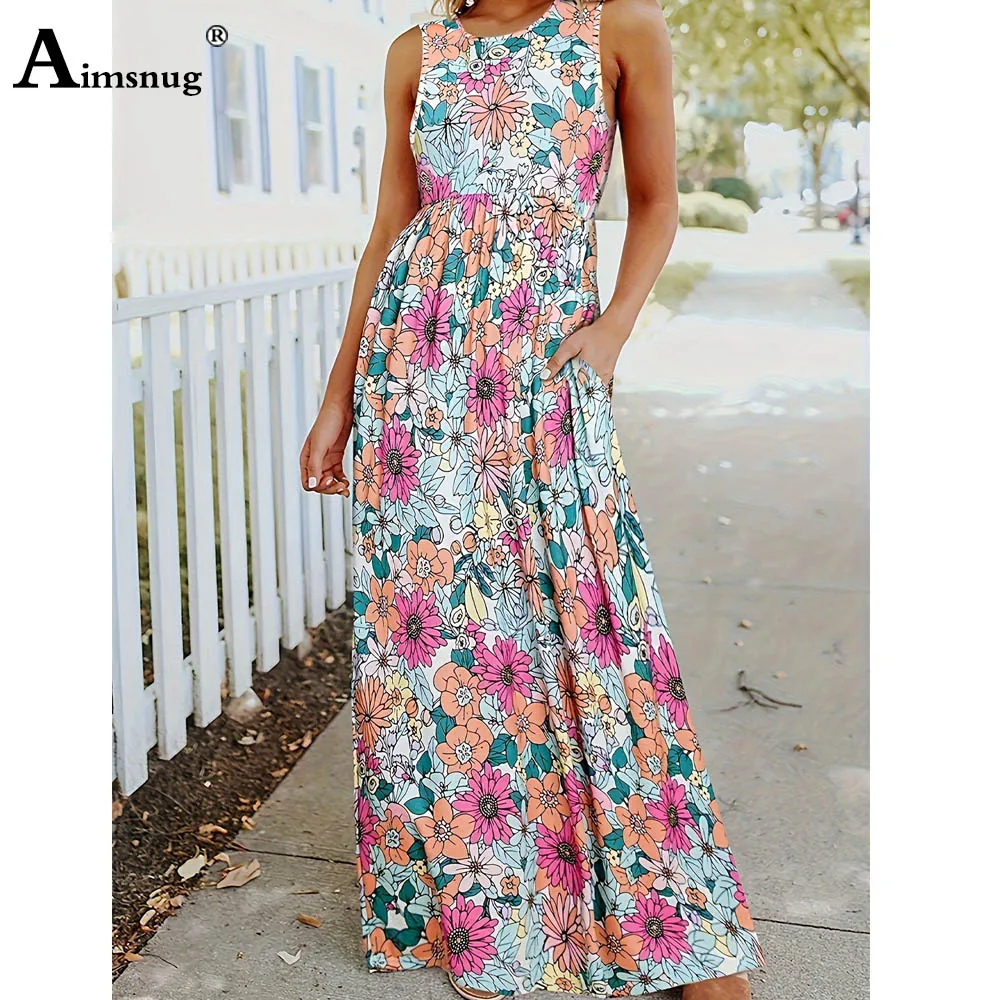 Women Sleeveless Elegant Maxi Dress 2024 Summer Boho Flower Print Beach Dresses High Cut Female Long Straight Dress Clothing