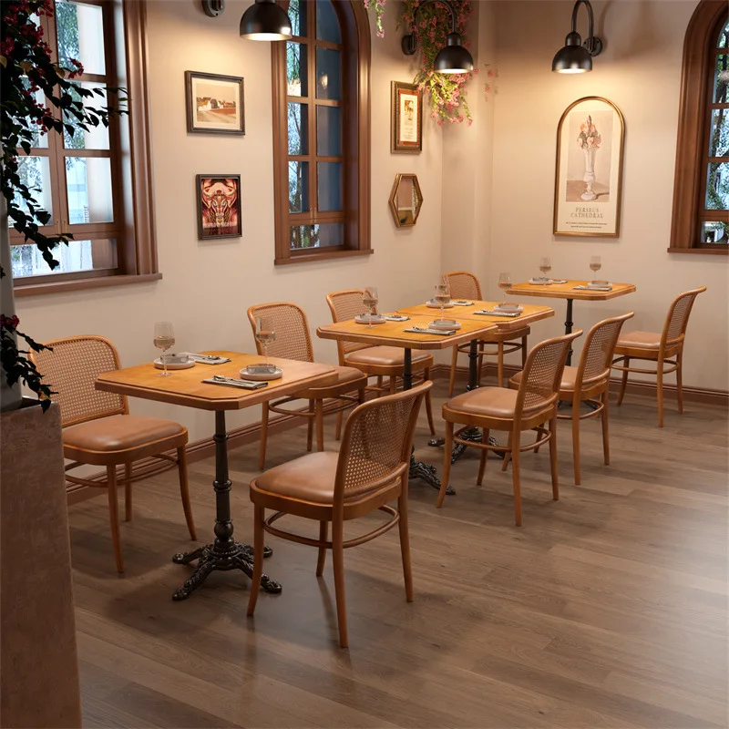 Solid wood rattan woven dining table and chair combination, milk tea café one table with two chairs, Western restaurant tavern r