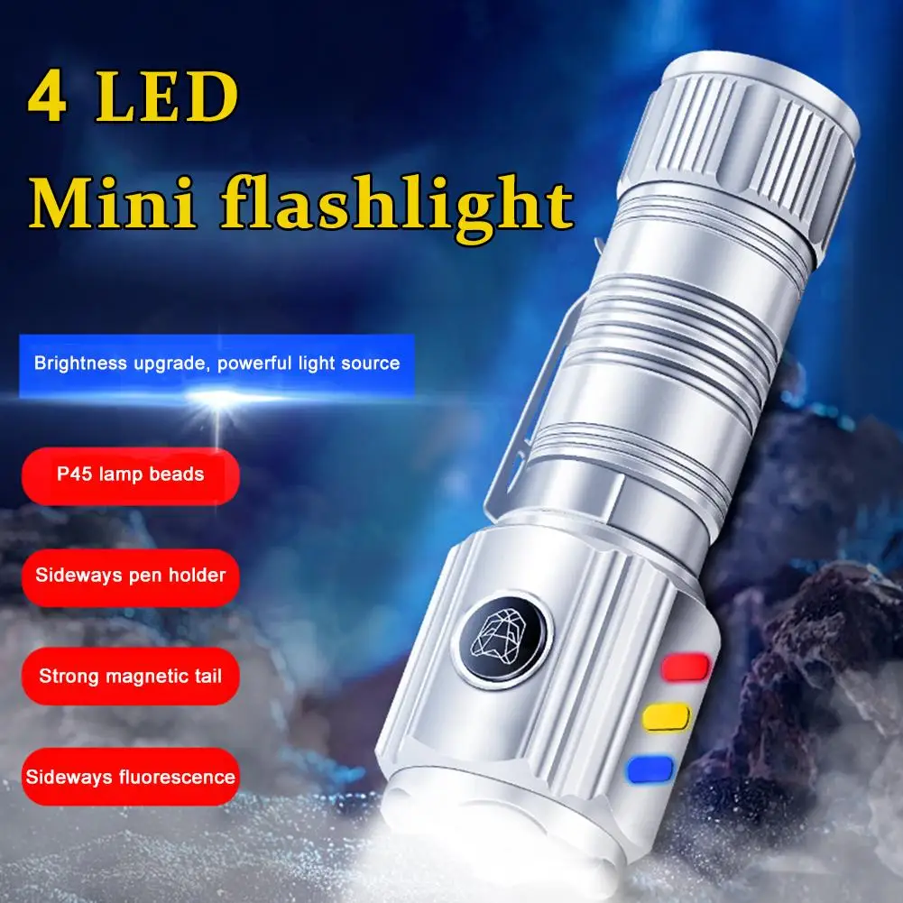 

EDC Keychain Flashlight Portable Mini 4 LED Torch Rechargeable With Work Pocket Light Lantern Camping Clip Magnet G0Q3