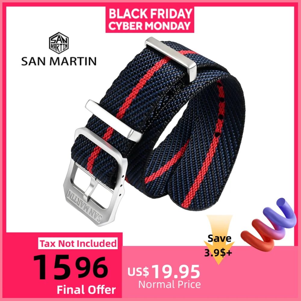

San Martin тканый нейлоновый ремешок ретро ремешок для часов 20 мм военный ремешок для часов десантника с пряжкой Correa Reloj BD0006