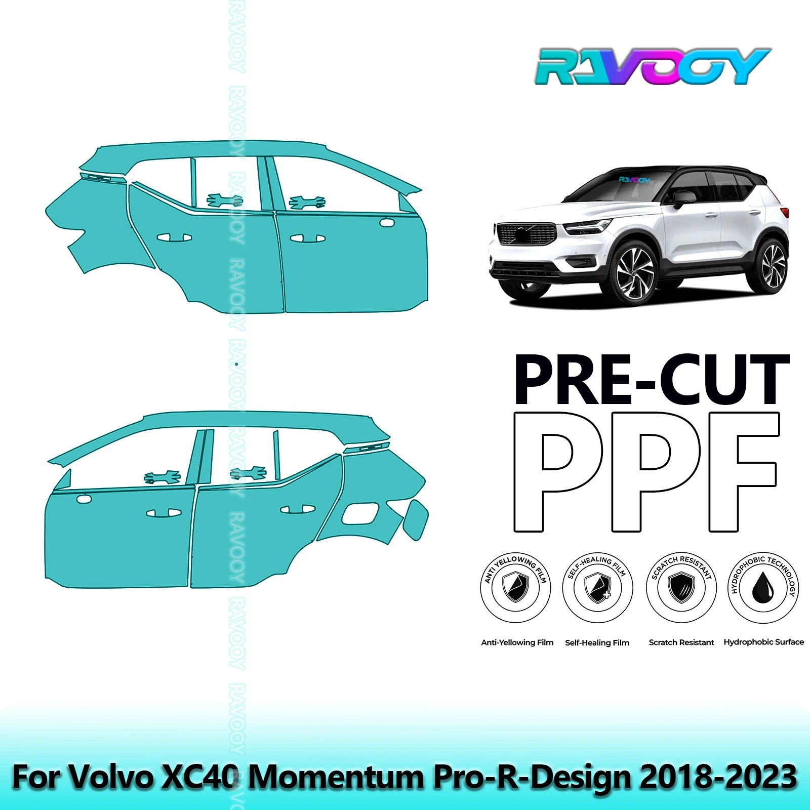 

For Volvo XC40 Momentum Pro-R-Design 2018-2023 8.5mil Pre-Cut PPF Door & A/B Pillar Kit TPU Paint Protection Film Set