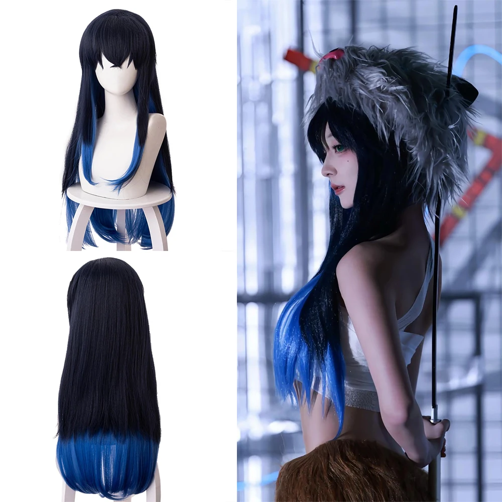 أنيمي شيطان سلاي هاشيبيرا إينوسوكي شعر مستعار صناعي كوسبلاي باللونين الأسود والأزرق متدرج مستقيم مقاوم للحرارة للاستخدام اليومي #1