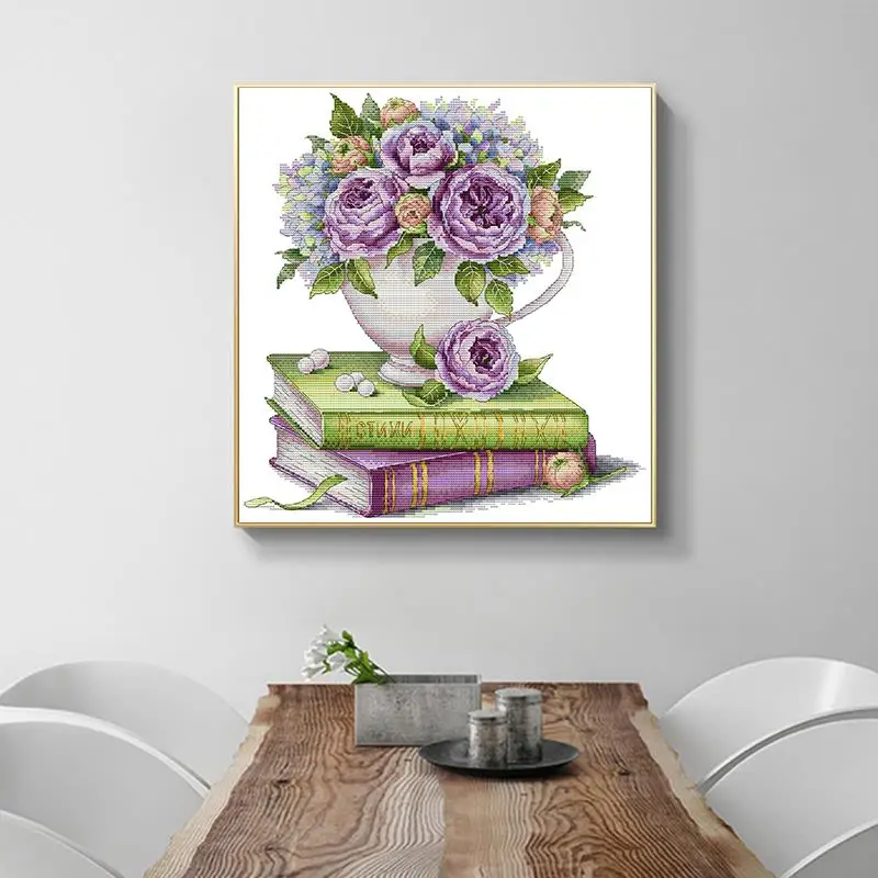 Roses and Books Printed Cross Stitch Kit DIY Floral Pattern Embroidery Needlework Aida 14CT 11CT White Fabric Set Home Decor