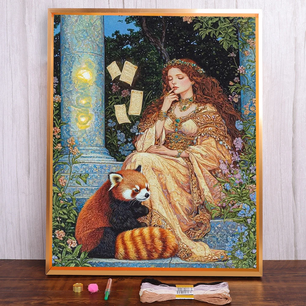 

Women And Red Panda Printed Canvas Cross-Stitch Embroidery Full Kit Painting Hobby Knitting Sewing Floss Design Promotions