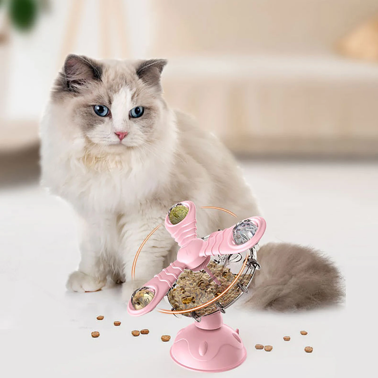 

Suction Cup Cat Feeding Toy with Pinwheel ShapeRotating Fan Food Dispenser for Interactive Play While Feeding