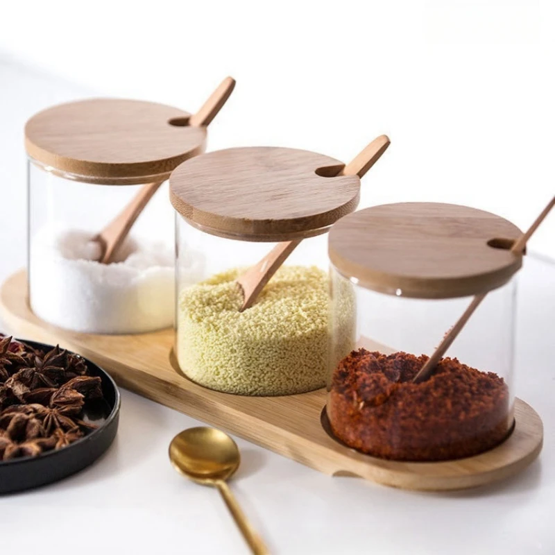 3Pcs Condiment Jars Set Clear Glass Bamboo Lid Spice Jar with Spoon Kitchen Sugar Salt Spices Storage Box Household Container