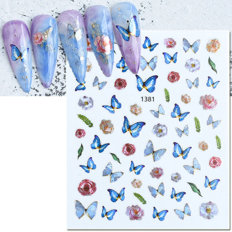 

Nail Art Decals Laser Blue Butterflys Pink Flowers Faces Back Glue Nail Stickers Decoration For Nail Tips Beauty