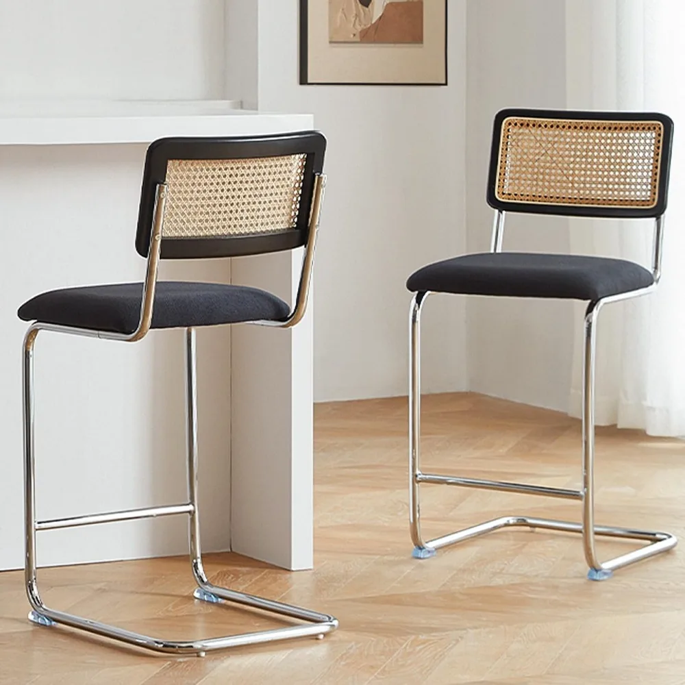 Natural Rattan Counter Height Stools Set of 2 with Solid Wood Back,Mid Century Modern Cesca Bar Stools, Black Chrome Up