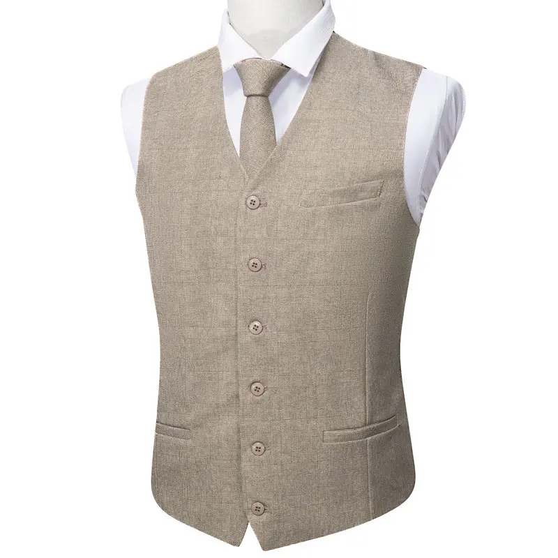 Silk Mens Vest Khaki Solid Pink Blue Black Brown Plaid V-Neck Waistcoat Tie Hanky Cufflinks Set Wedding Business Barry.Wang