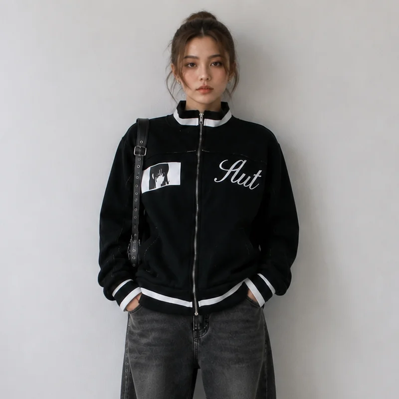 Women Cropped Bomber Jacket Black White Zip Up Jacket Anime Graphic Patch Letter Embroidery Streetwear Y2K Casual Outerwear