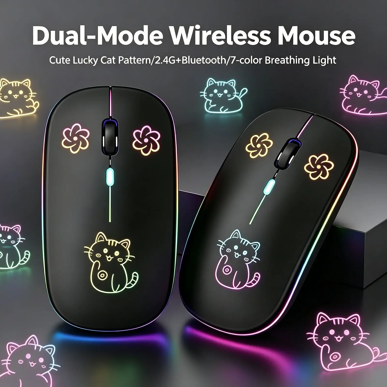 Cute Lucky Cat Wireless Mouse 2.4G+Bluetooth Dual Mode Rechargeable RGB Breathing Light Portable Ergonomic Mice For PC Laptop