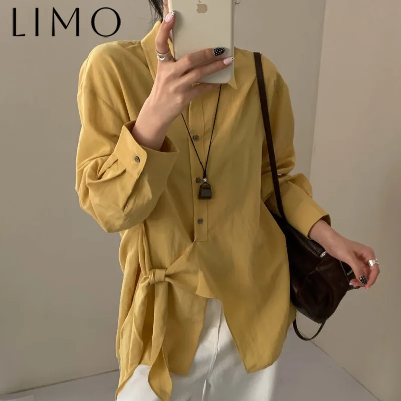 

LIMO Women’s Lace Up Shirt Premium Asymmetrical Vintage Loose Spring 2025 New Solid Color Flowy Casual High Quality