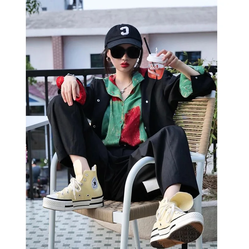 Trend Contrast Loose Blouse Long Sleeve Polo Neck Y2K Youth All-match Shirt Tops Fashion Vintage Women Clothing Spring Autumn