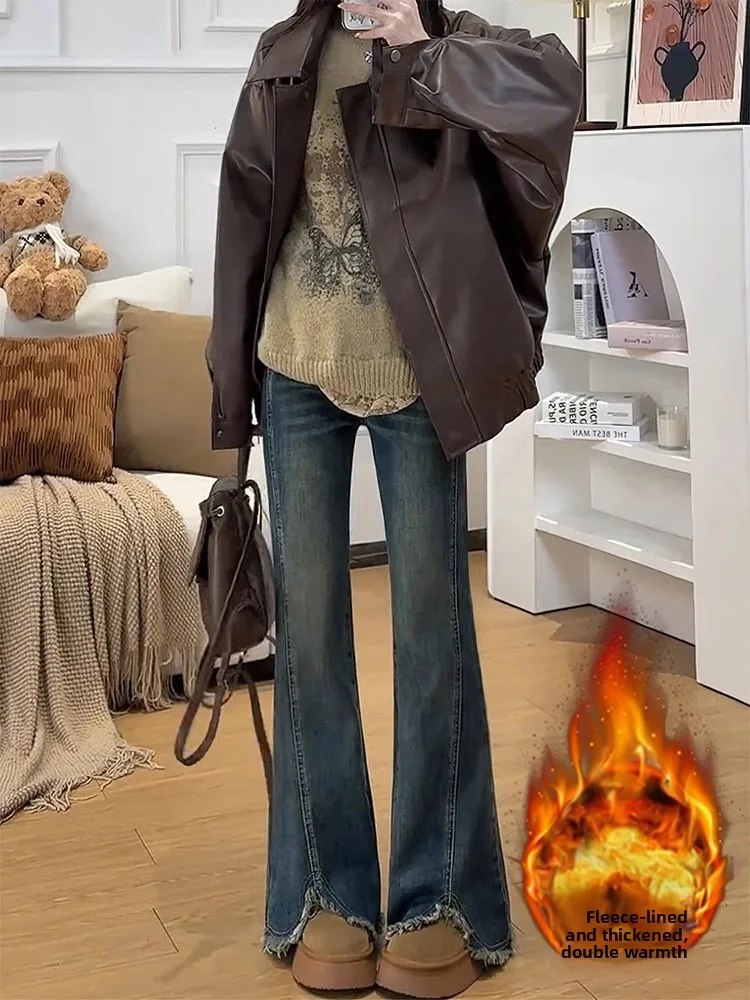 

plus Size Fleece Lined Frayed Hem Micro Flared Denim Jeans Women's Elastic Slimming Drapey Bootcut Pants High Waist Casual Jeans