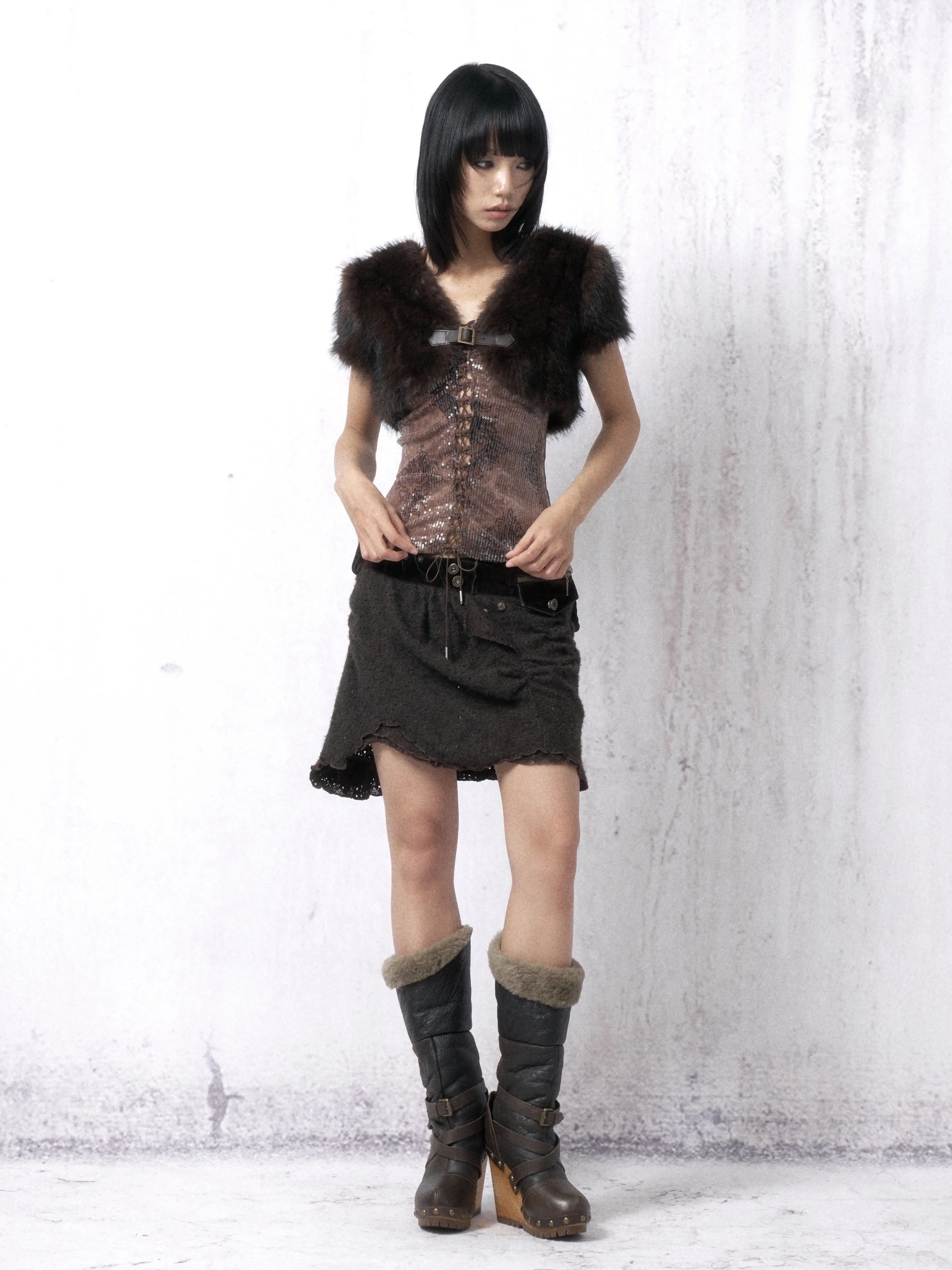 Lautaro Autumn Winter Short Brown Thick Warm Soft Faux Fur Vest Coat Women Luxury Chic Sexy Punk Style Fluffy Sleeveless Jacket
