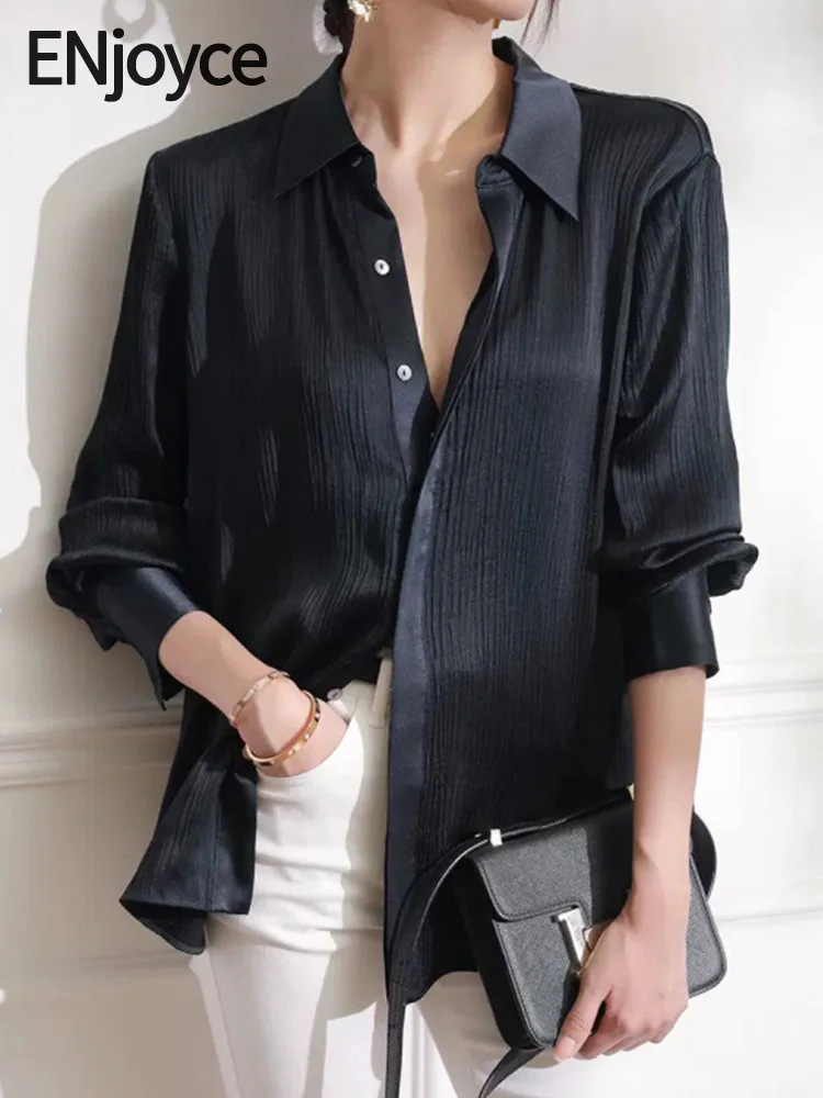 

2024 Spring Fall Women Vintage Pleated Satin Long Sleeve Shirts Ladies Trendy Loose Blouses Workwear Black Shirt