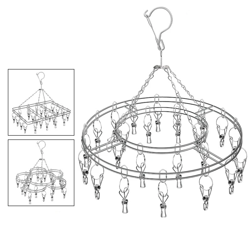 Windproof stainless steel round hanging drying rack with 20 clips drying socks baby clothes laundry accessories