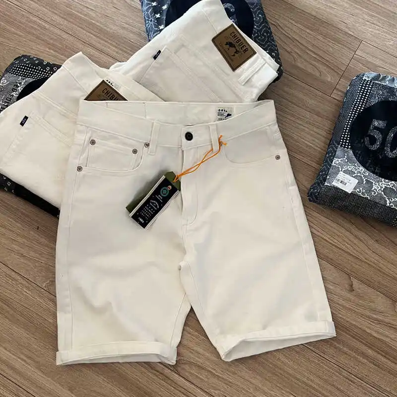 100% Cotton Vintage White Washed Denim Shorts for Men Summer Casual Fit Straight Half Jeans 24ss Y2k Youth Male High Quality