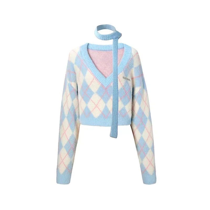 Sexy ort Knitted Sweater Women's Top Autumn Winter Lazy Sle Camere Design Blue Sweater Fem Spicy Girl V-ne Long Sl...