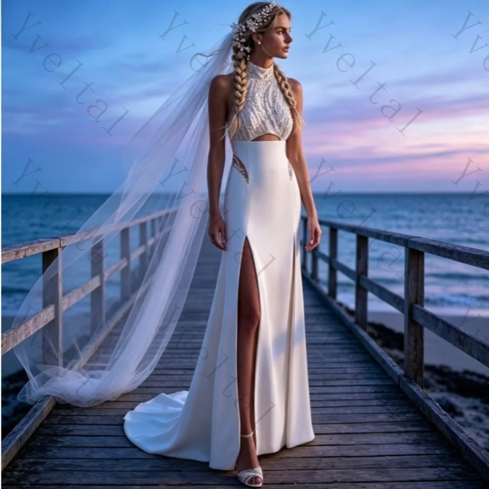Customized Graceful Charming Temperament Halter High Slits Modern Wedding Dresses Dreamy Sparkly Beaded Straight Bride Gown