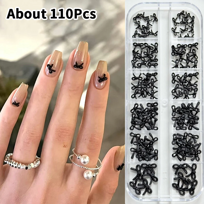 12 grille/boîte doux mignon nœud papillon noir nœud papillon ruban breloques Nail Art accessoires beaux ongles breloques bricolage décorations outil de manucure
