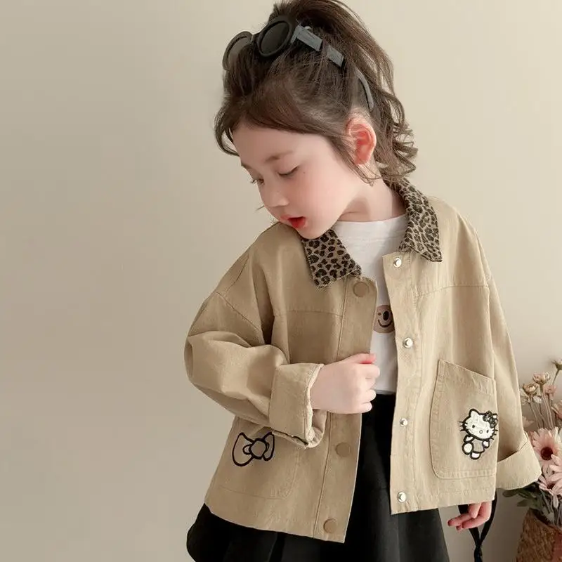 

Sanrio Hello Kitty Girl Coat Tops Spring Fall Children Leopard Print Jacket Casual Kawaii Cartoon Fashion New Style Clothing Hot