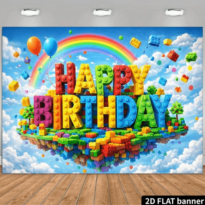 2D flat birthday party background fabric with building block theme, central 