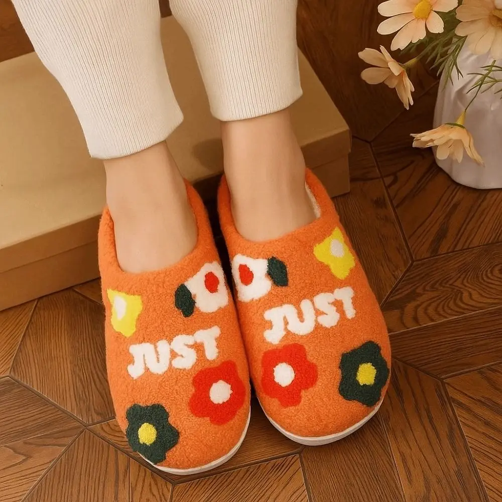 

Soft Flowers Cotton Slippers Anti-slip Fluffy Slides Winter Warmer Slippers Thickened Furry Warm Home Cotton Shoes Festival