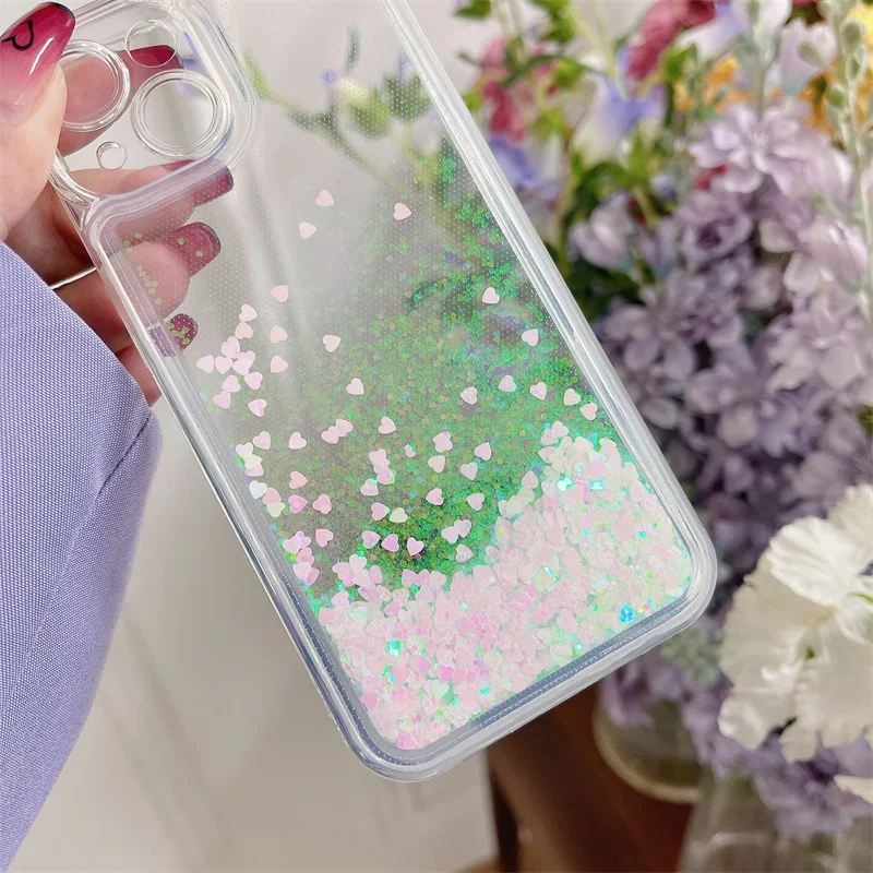 

Transparent Glitter Quicksand Cases for iPhone 15 16 13 14 Pro Max Fashion Heart Dynamic Sequins Liquid Phone Cover Soft Fundas
