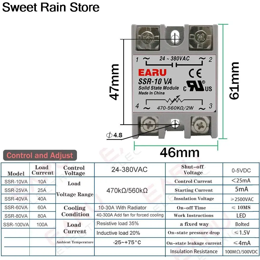 SSR-10VA SSR-25VA SSR-40VA SSR Solid State Relay Voltage Regulator AC24-380V Output+Potentiometer for PID Temperature Controller