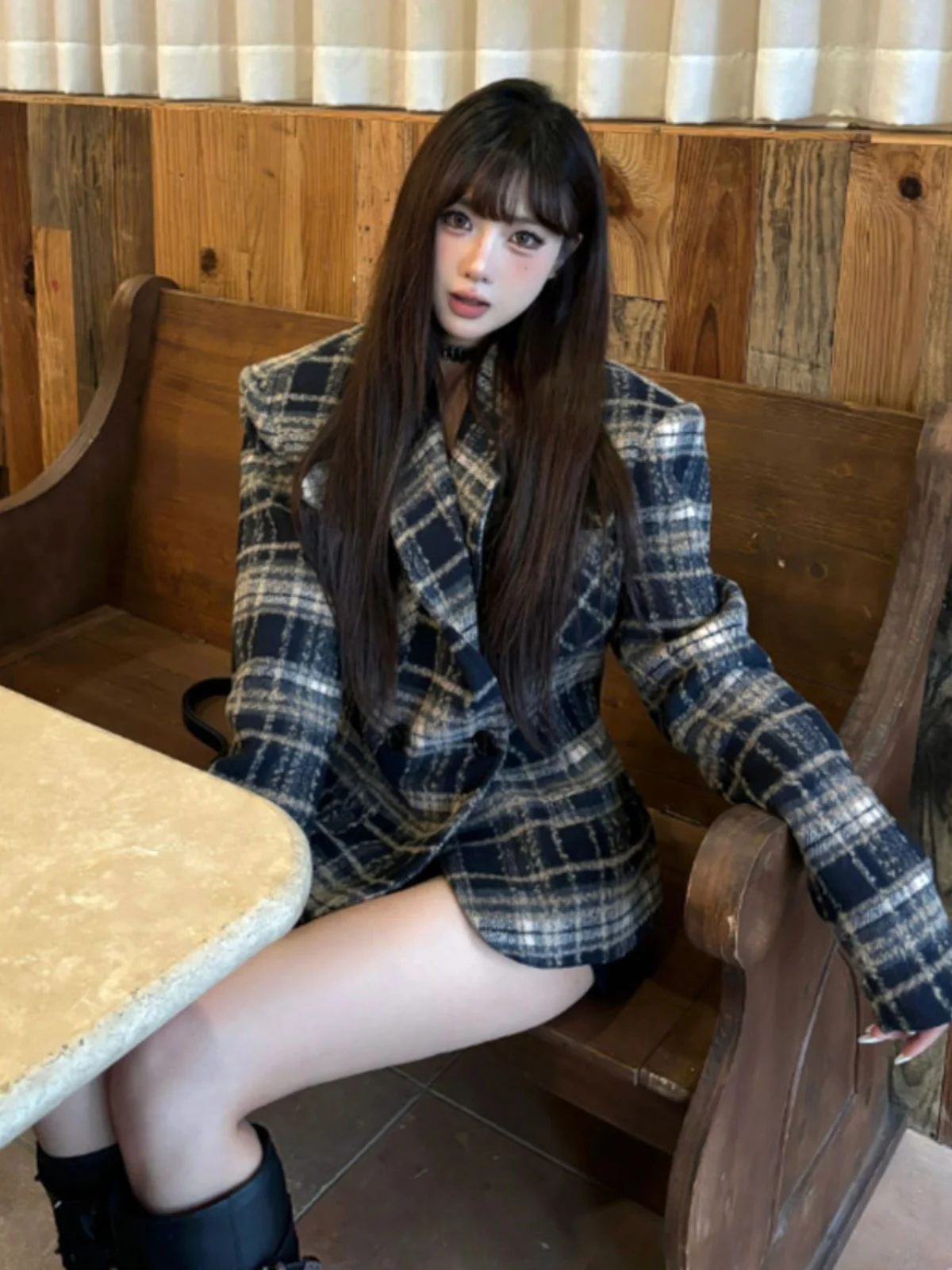 

Американское ретро-пальто из шерсти в клетку премиум-класса, укороченное, с хлопковой подкладкой, в корейском стиле, маленький размер, для ранней весны, женская верхняя одежда