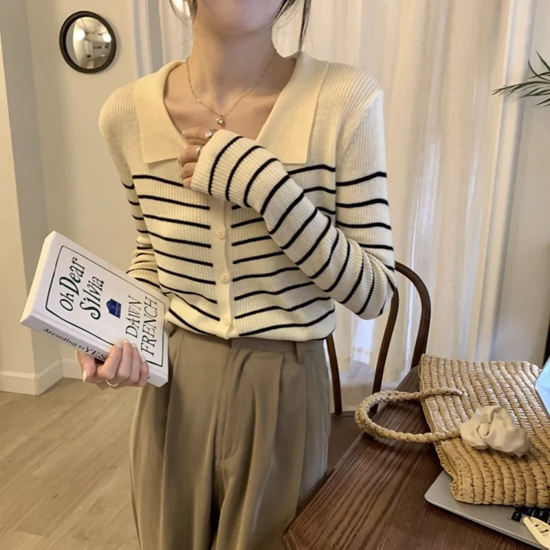 

Striped Polo Collar Knitted Cardigan for Women in Autumn and Winter Design Niche Slim Fit Inner Bottom Sweater Top