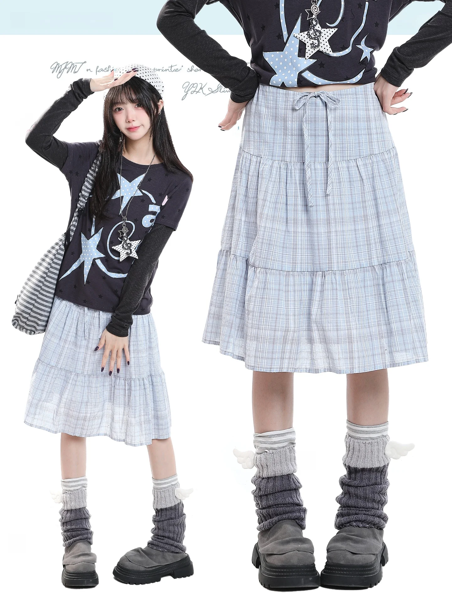 Casual Plaid A-Line  Skirt Women's High Waist Pleated Autumn College Style Design Good Looking Midi Skirt for Ladies