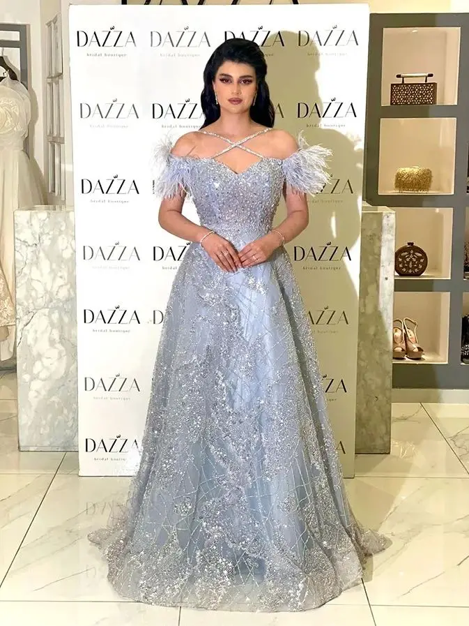 Linyang Baby Blue Off Shoulder Halter Tulle Plume Elegant Formal Evening Prom Bridesmaid Party Long Dress for Women 2023