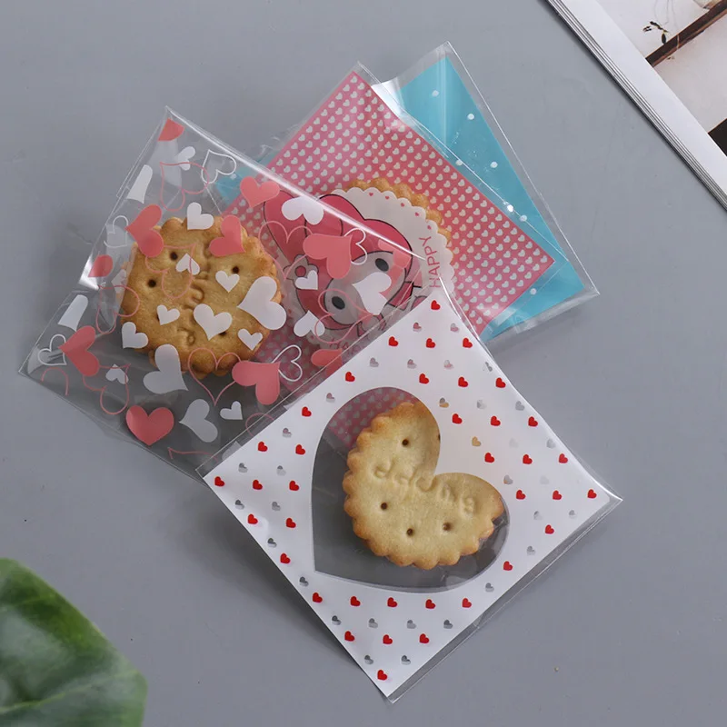 100Pcs 7x7cm Heart Print Self-Adhesive Bag Plastic Seal Bags for Diy Cookie&Candy Biscuit Snack Handmade Soap Crafts Packaging