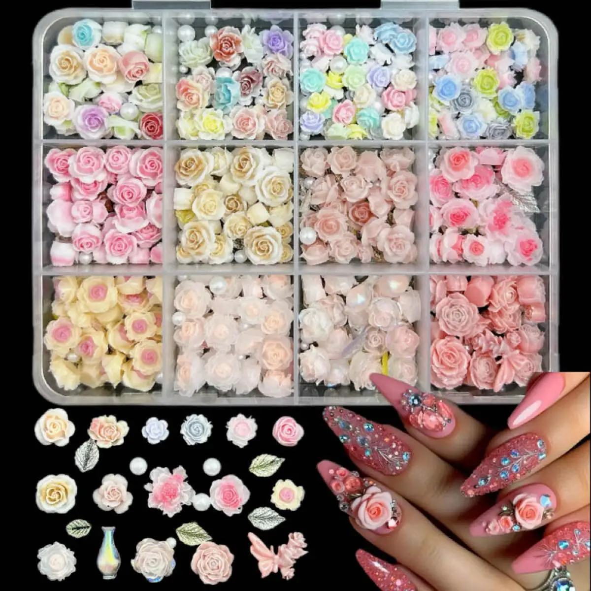 

1Box Dopamine Colored Camellia Peony Nail Art Charms Multiple Styles Minimalist Rose Mixed Flowers Resin Nail Decorations DIY