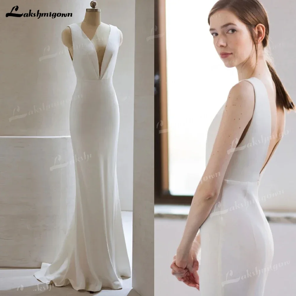 Deep V-Neck Sleeveless Open Back Wedding Dress Simple Elegant Illusion Sheath Gown Satin rochii de mireasa 2025 Customizedvestid