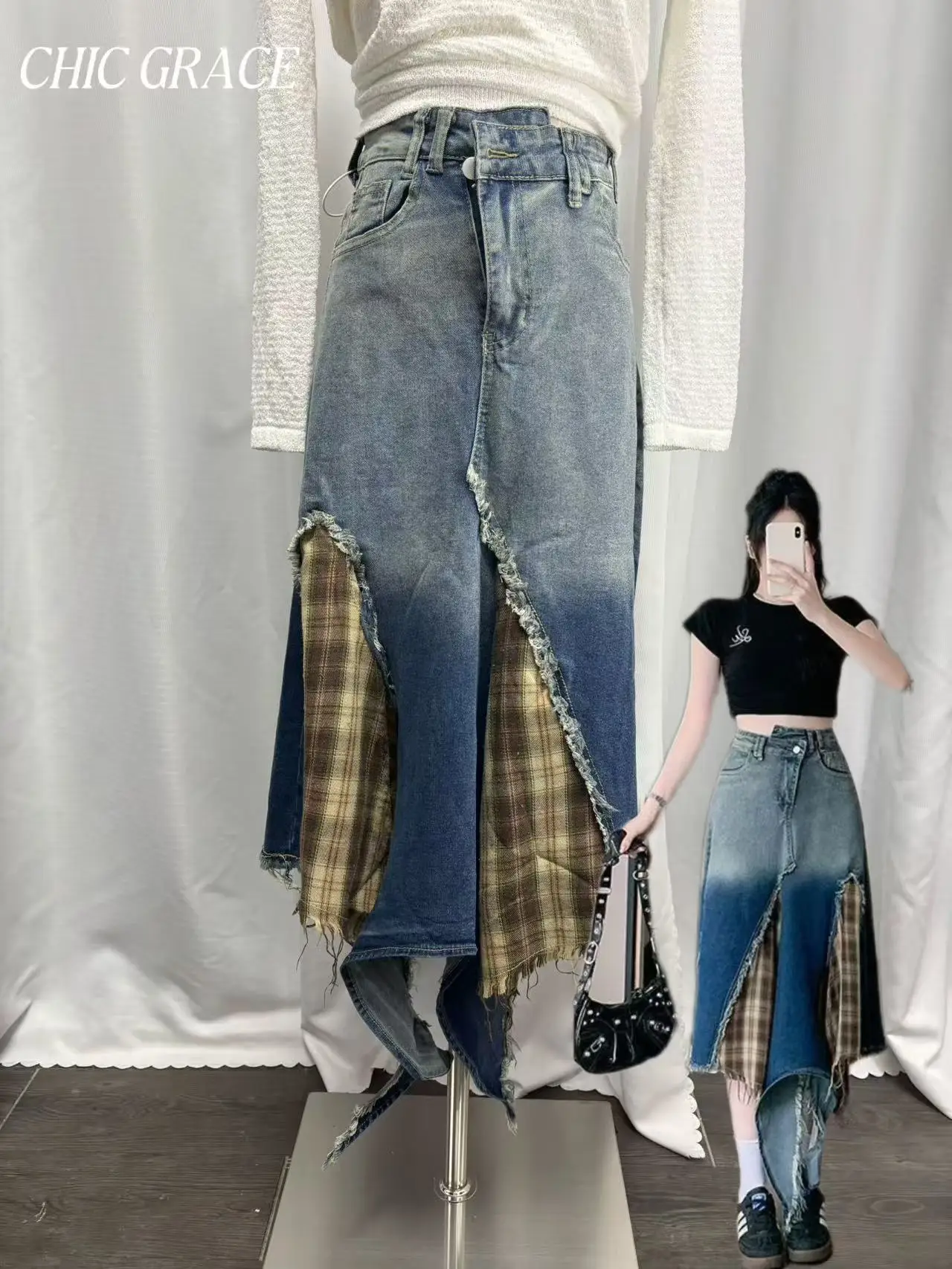 

Женская американская винтажная острая асимметричная джинсовая юбка в клетку в стиле пэчворк с высокой талией, утягивающая юбка средней длины, модная Stre