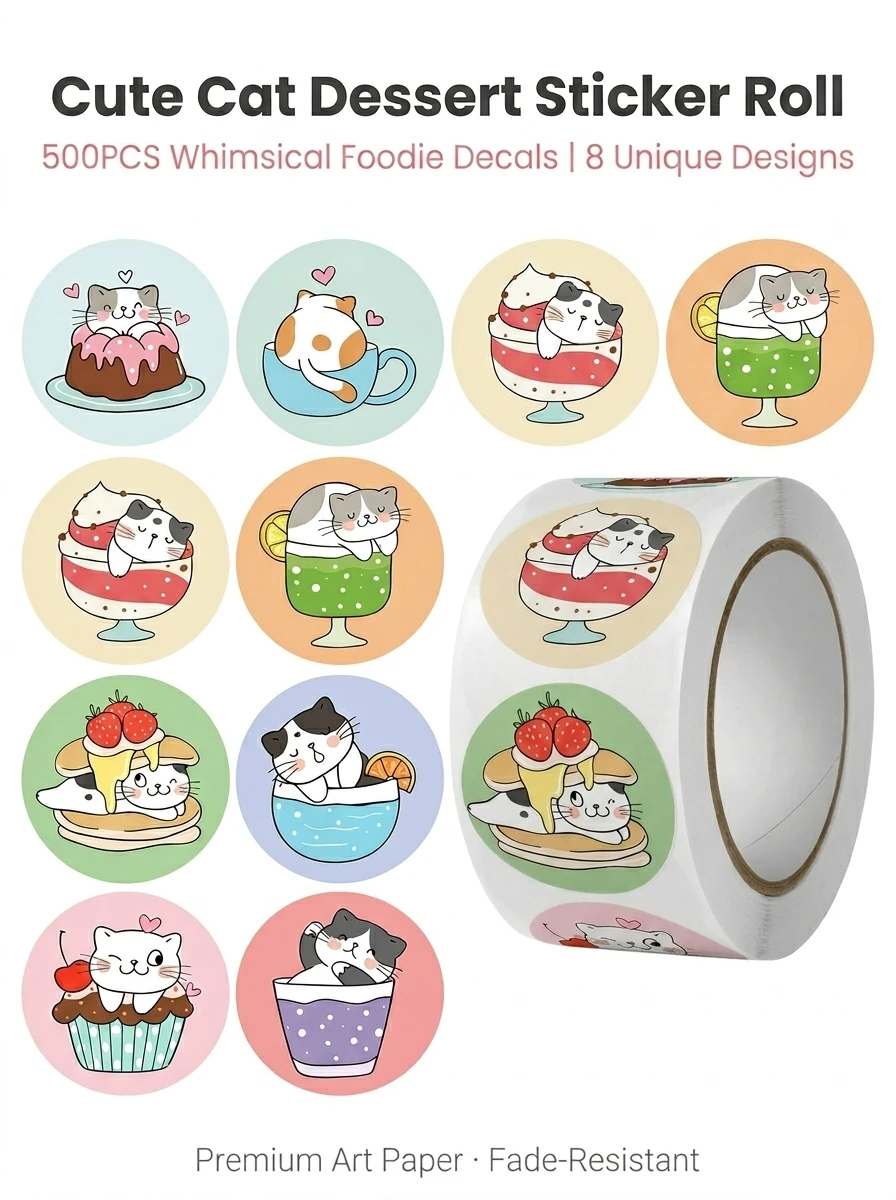 1Roll(500Pcs) Cute Cats in Cup Lovely Animal Stickers 2.5cm/1.0'' 8 Designs Decal Diy Adorn Gifts Package Home Decoration