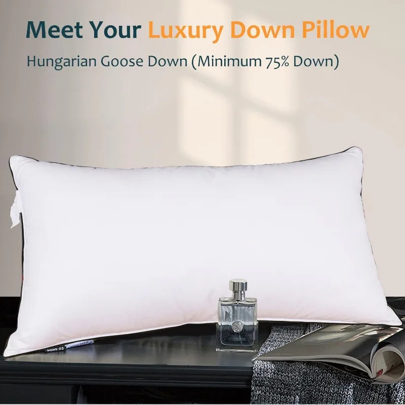 Hungarian Goose Down Pillow Queen Size Set of 2, Ultimate Comfort 750+ Fill Power, 480 Thread Count 100% Cotton Shell